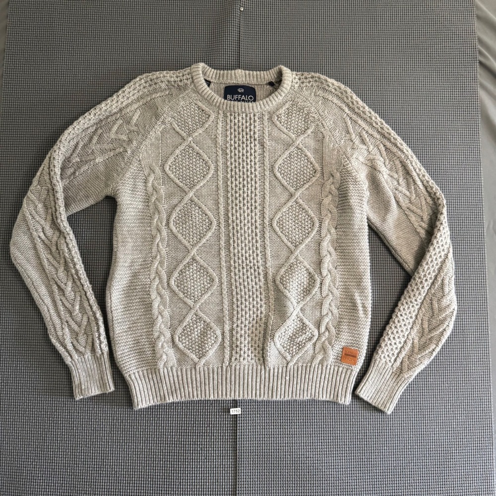 Buffalo David Bitton Mens XL Gray Cable Knit Crew Neck Raglan Sweater